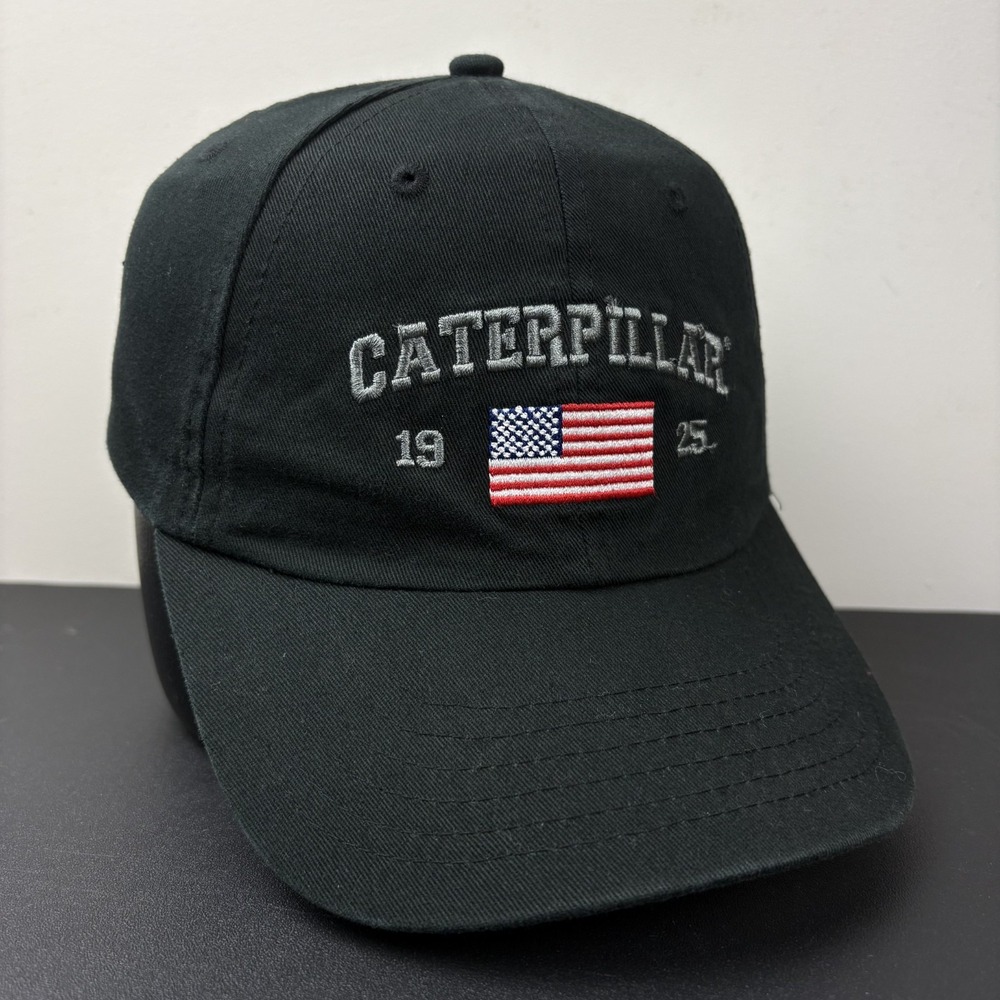 Caterpillar 1925 US Flag Strapback Hat Black CAT Equipment Construction Dad Cap